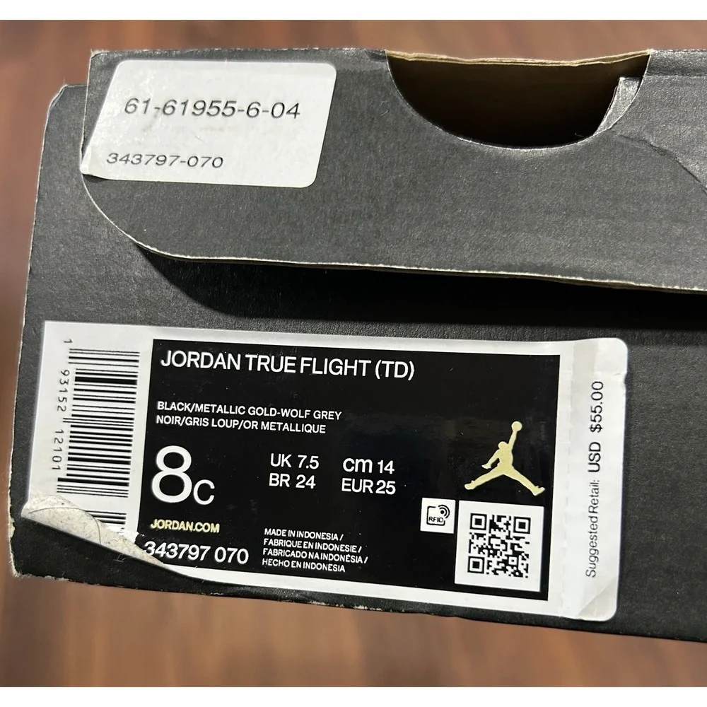 Jordan True Flight TD 'Black Metallic Gold' 2019 Size 8C 343797 070